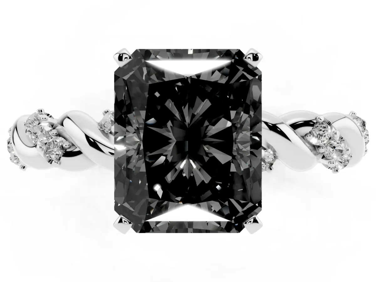 Fancy Black Radiant Cut Diamond Solitaire Ring with Twisted Band and Pavé Accents White gold