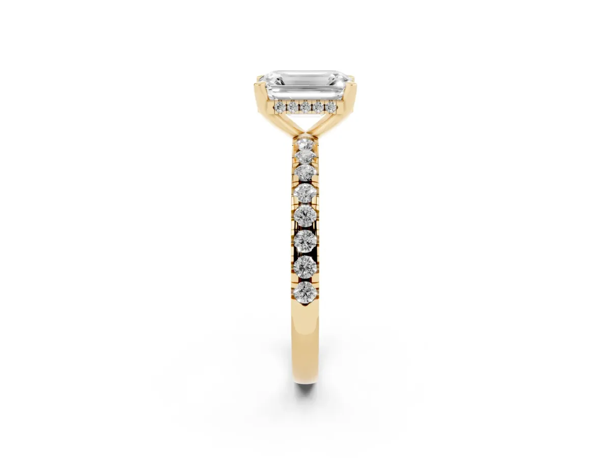 Emerald Cut Diamond Solitaire Ring with Round Pavé Band and Four-Prong Setting Yellow gold