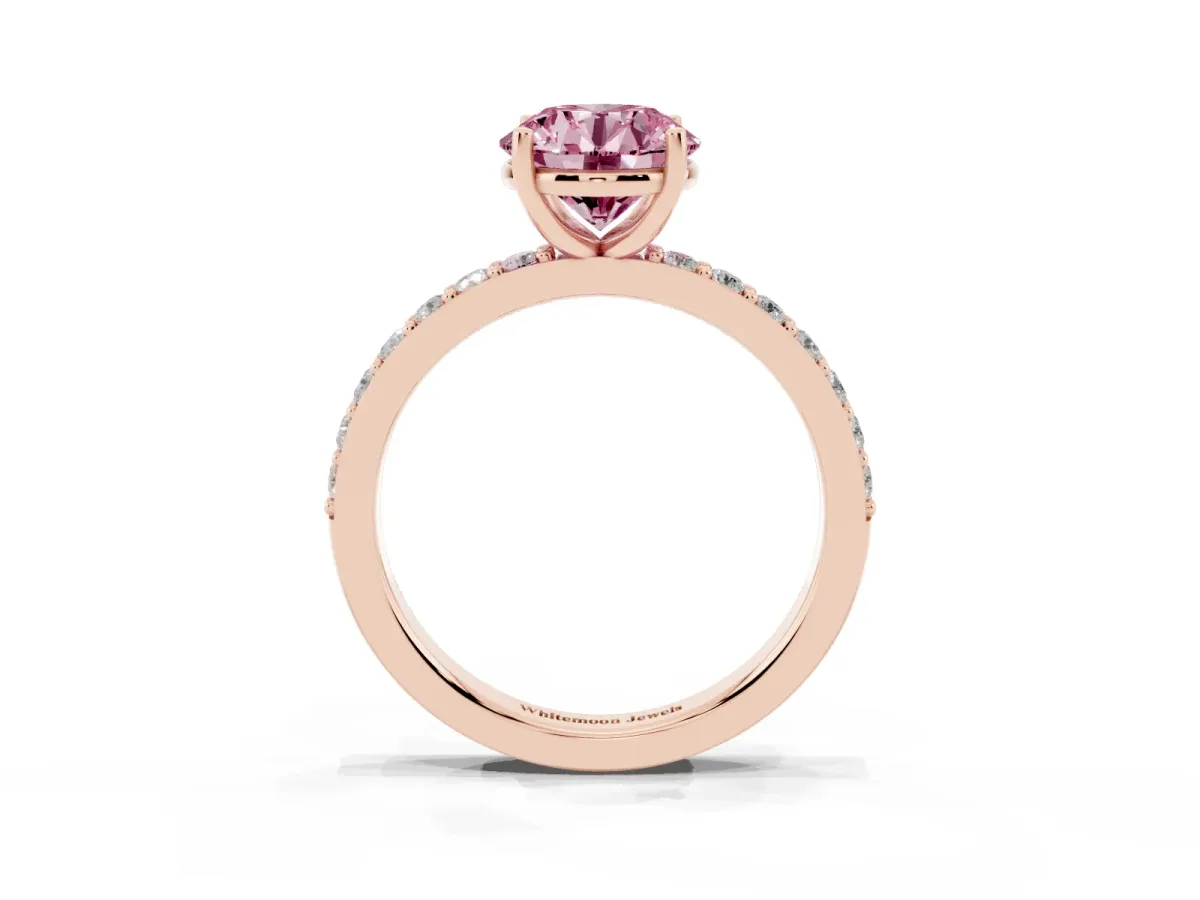 Fancy Pink Round Cut Cut Diamond Solitaire with Pave Band and Four-Prong Setting Rose gold