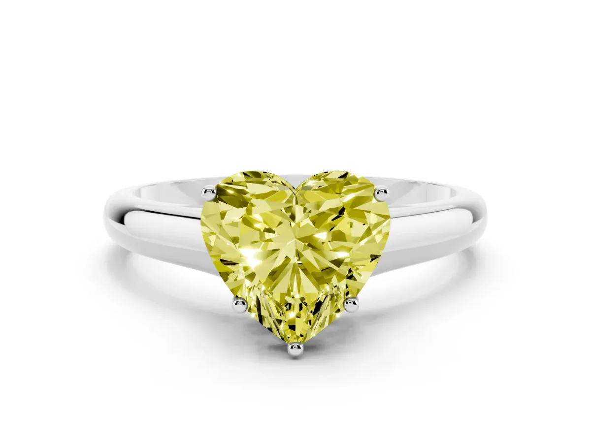 Fancy Yellow Heart Cut Cut Diamond Solitaire Engagement Ring with Tapered Plain Band and Four-Prong Setting Platinum