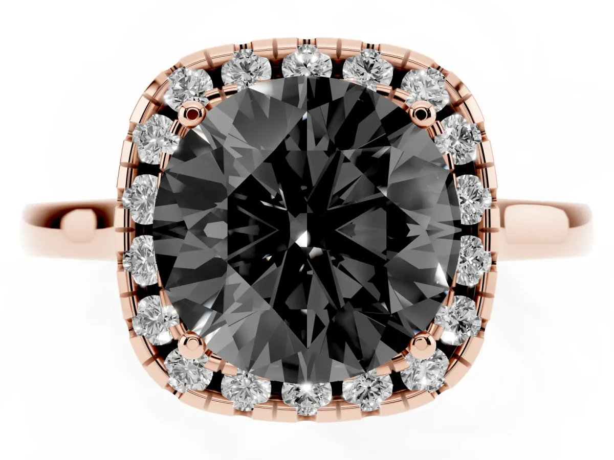 Fancy Black Round Cut Halo Round Diamond Solitaire Ring with Pavé Band and Four-Prong Setting Rose gold