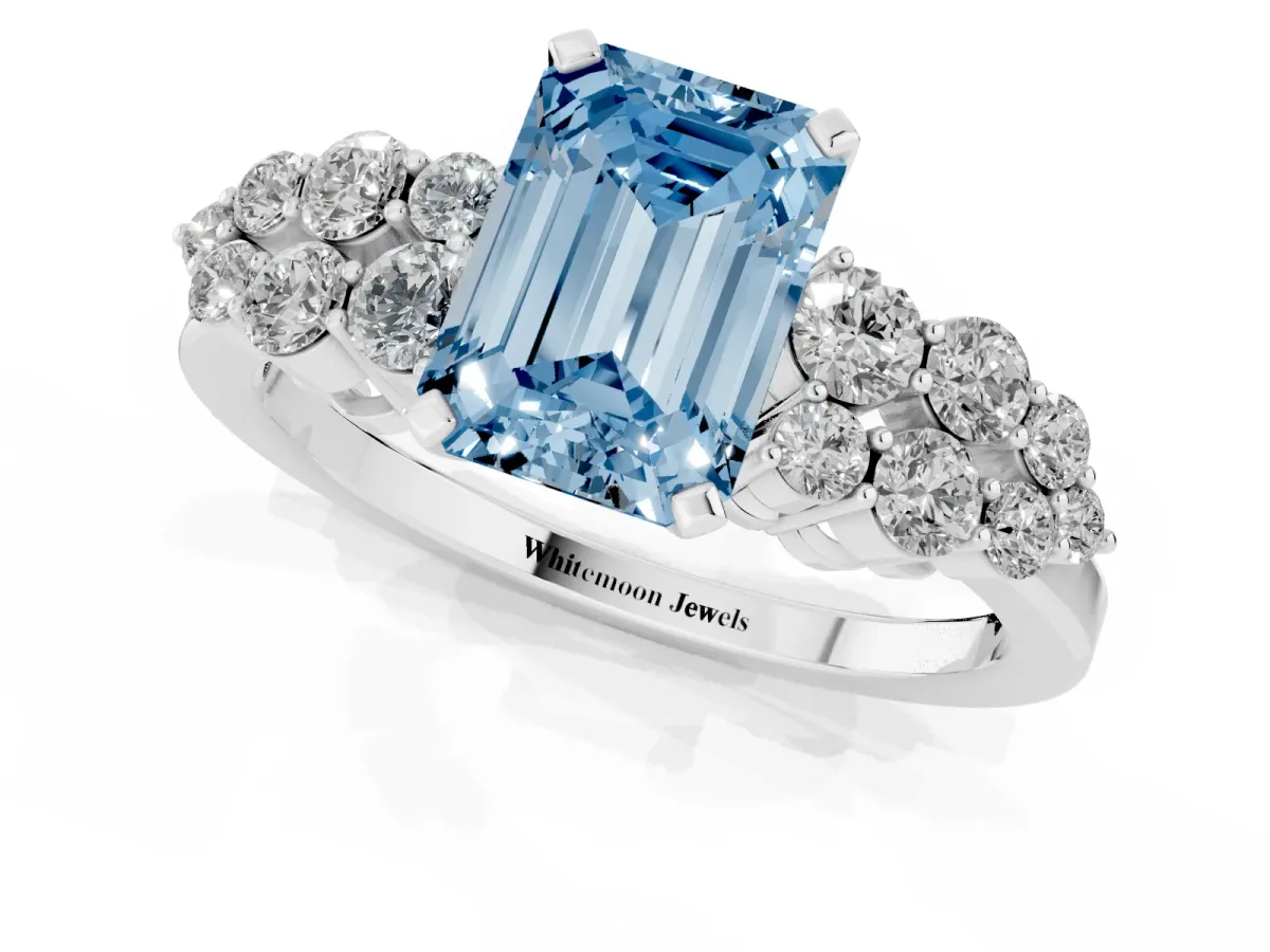 Fancy Blue Emerald Cut Cluster Diamond Engagement Ring with Pavé Band and Four-Prong Setting Silver