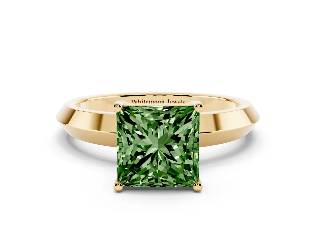 Fancy Green Princess Cut Cut Solitaire Engagement Ring with Flat Band and Four-Prong Setting Yellow gold