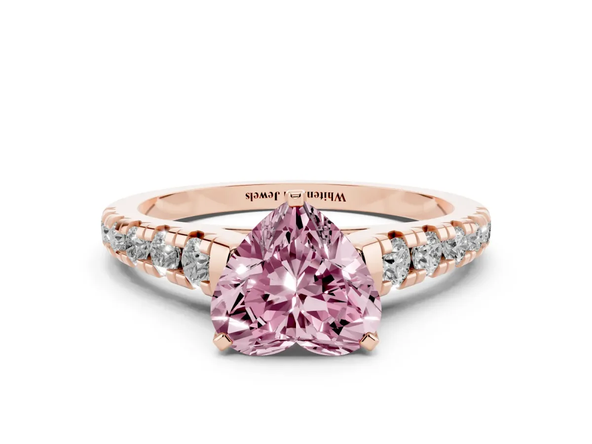 Fancy Pink Heart Cut Diamond Cathedral Solitaire Ring with Round Pavé Band Rose gold