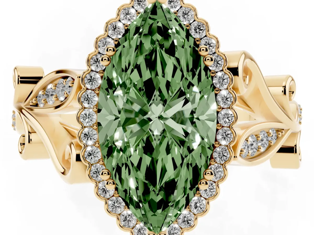 Fancy Green Marquise Cut Diamond Halo Ring with Vintage Split Shank and Four-Prong Setting Yellow gold