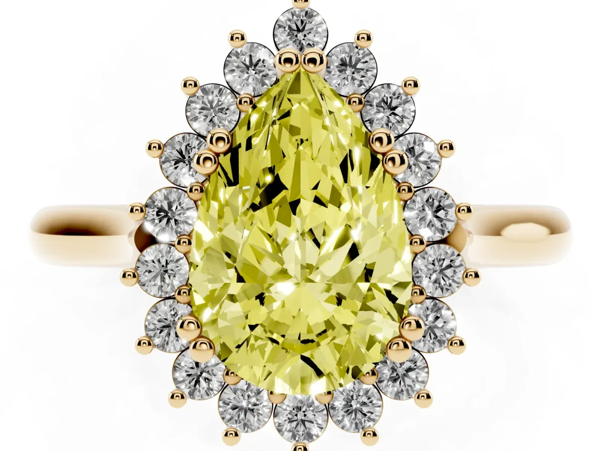 Fancy Yellow Pear Cut Cut Diamond Halo Ring with Solitaire Band and Prong Setting Yellow gold