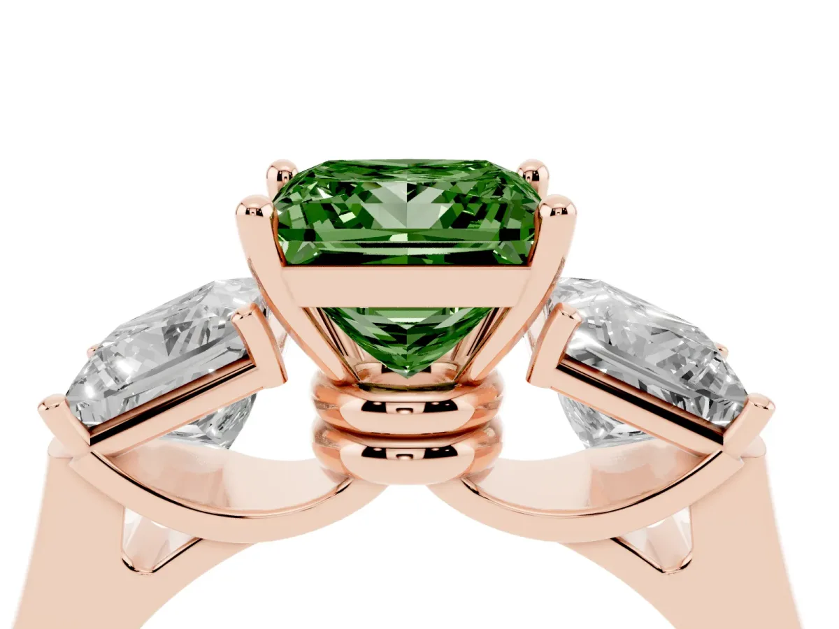 Fancy Green Three-Stone Princess Cut Brilliant Diamond Trellis Ring with Comfort Fit Band Rose gold