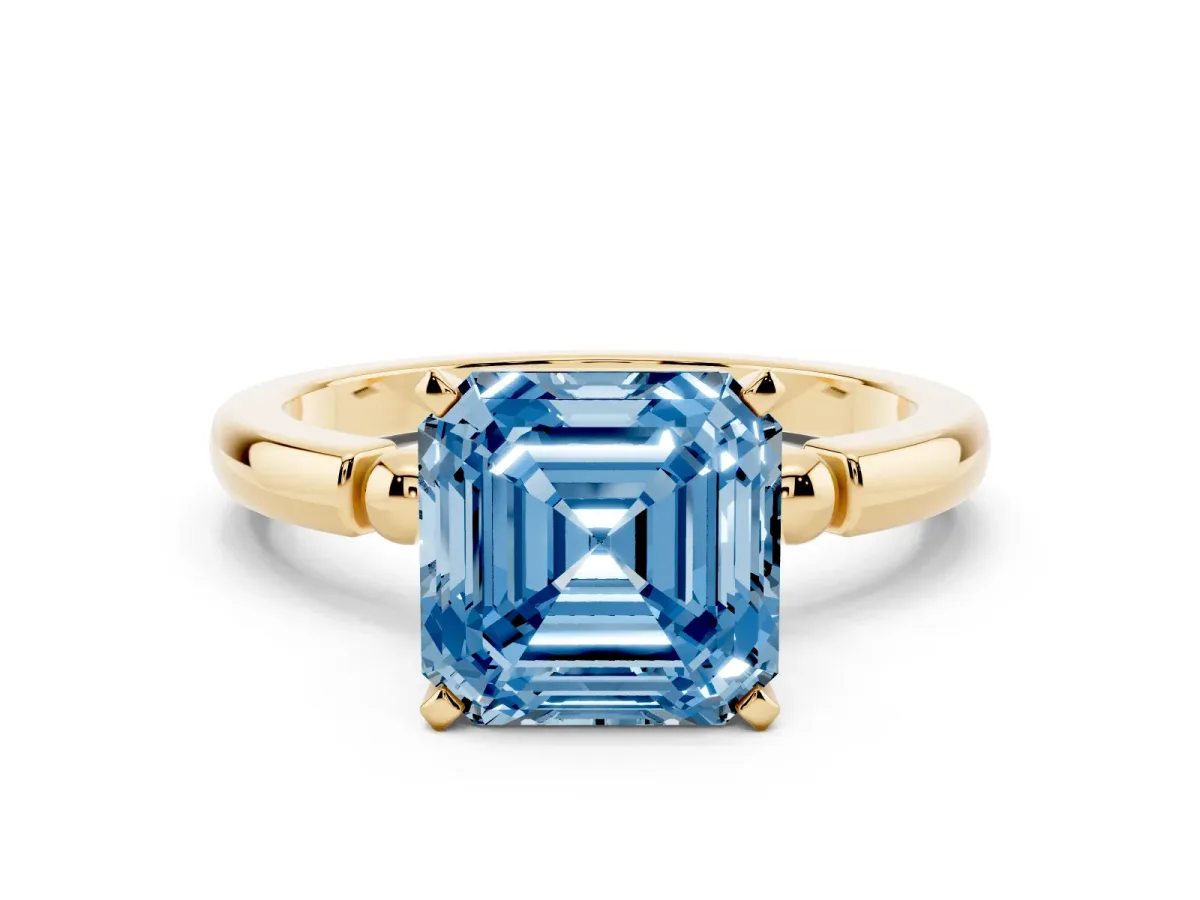 Fancy Blue Asscher Cut Solitaire Beaded Band with Four-Prong Setting Yellow gold