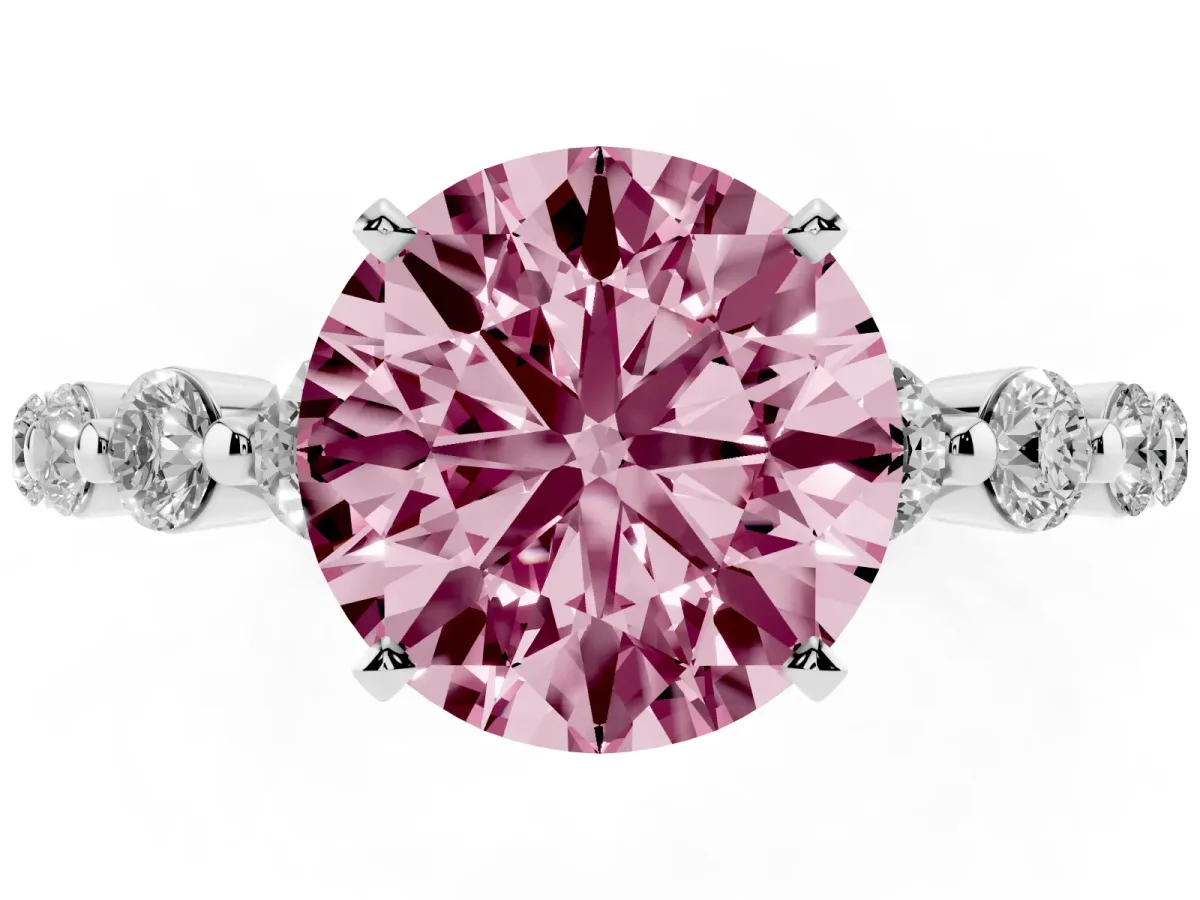 Fancy Pink Round Cut Solitaire Diamond Ring with Pave Band and Four-Prong Setting Platinum