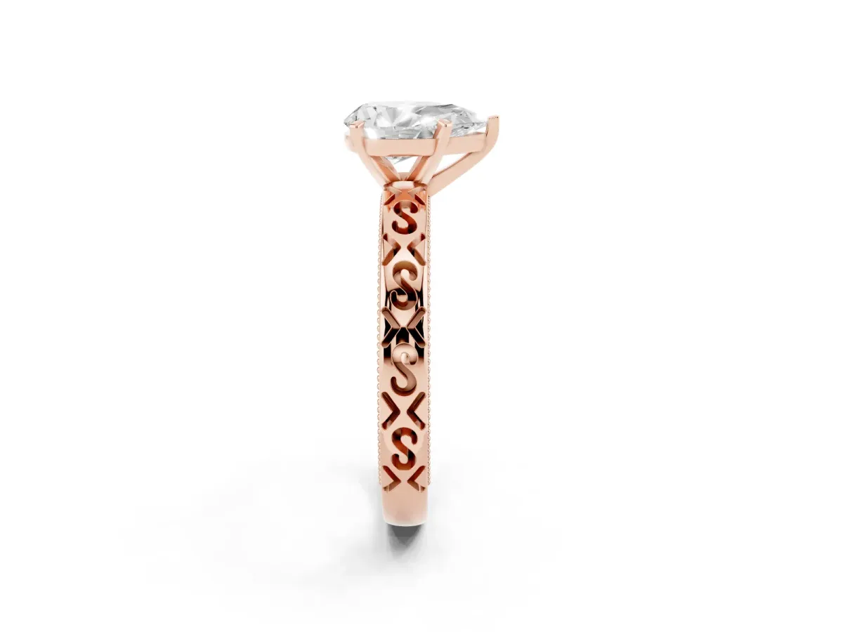 Pear Cut Solitaire Engagement Ring with Scrollwork Band and Four-Prong Setting Rose gold