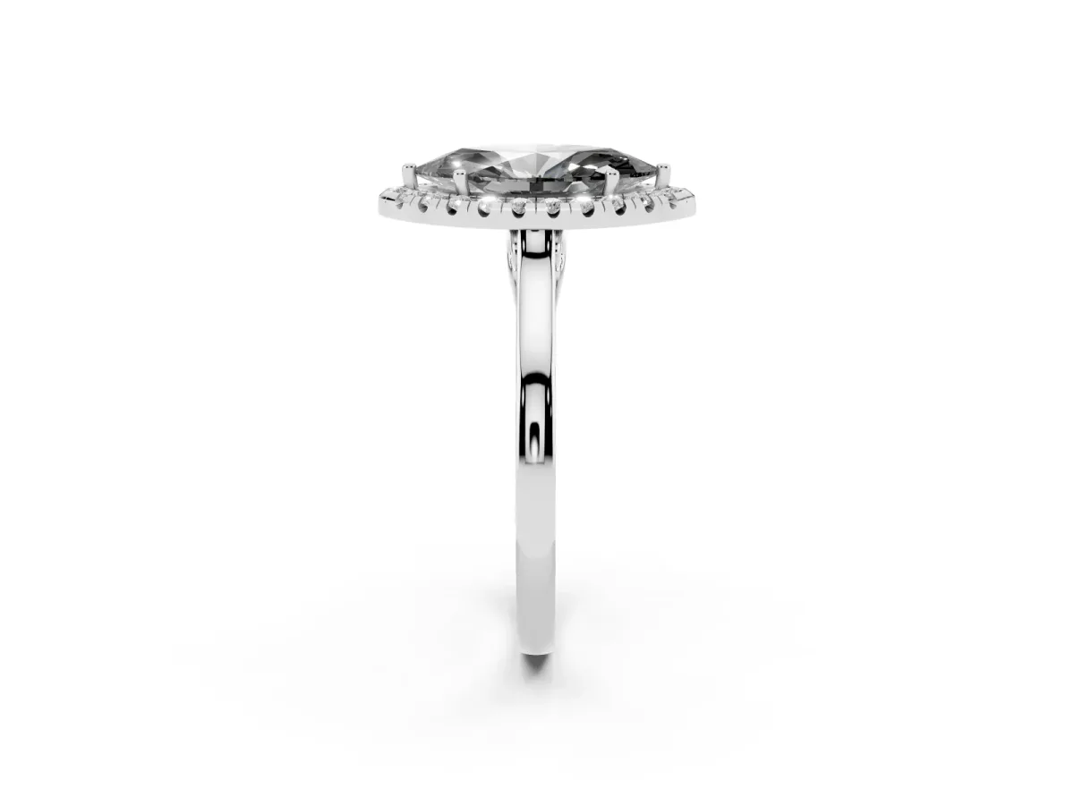 Fancy Black Marquise Cut Halo Round Diamond Solitaire Ring with Pavé Band and Four-Prong Setting Silver