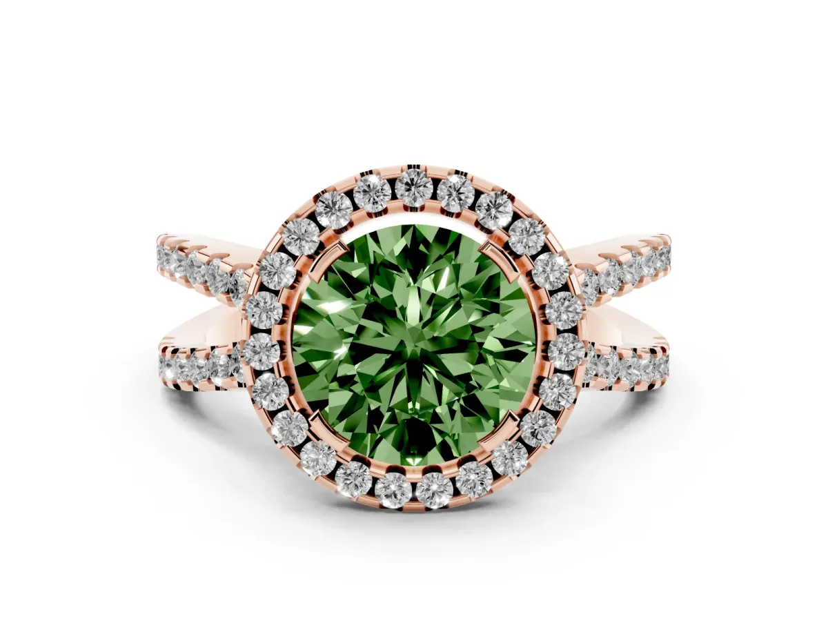 Fancy Green Round Cut Diamond Halo Ring with Split Shank Pavé Band and Prong Setting Rose gold