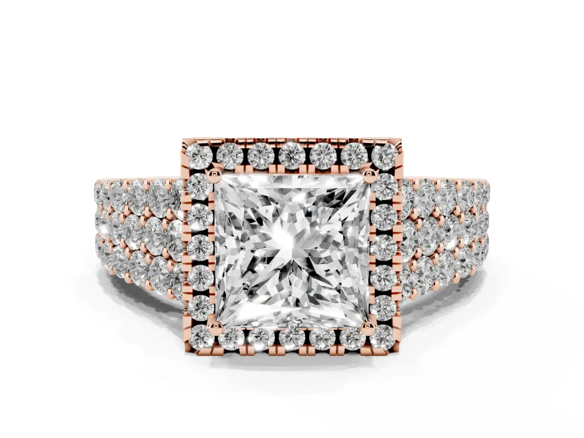 Princess Cut Diamond Halo Engagement Ring with Triple Row Round Pavé Band and Prong Setting Rose gold