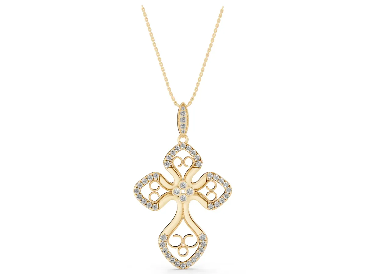 Diamond Pavé Round Milgrain Cross Pendant Yellow gold