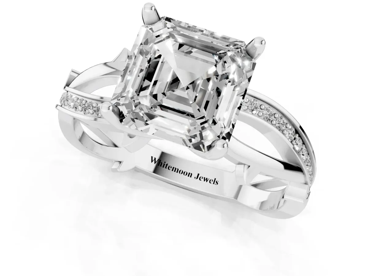 Asscher Cut Solitaire Twist Band with Pavé Accents and Four-Prong Setting White gold