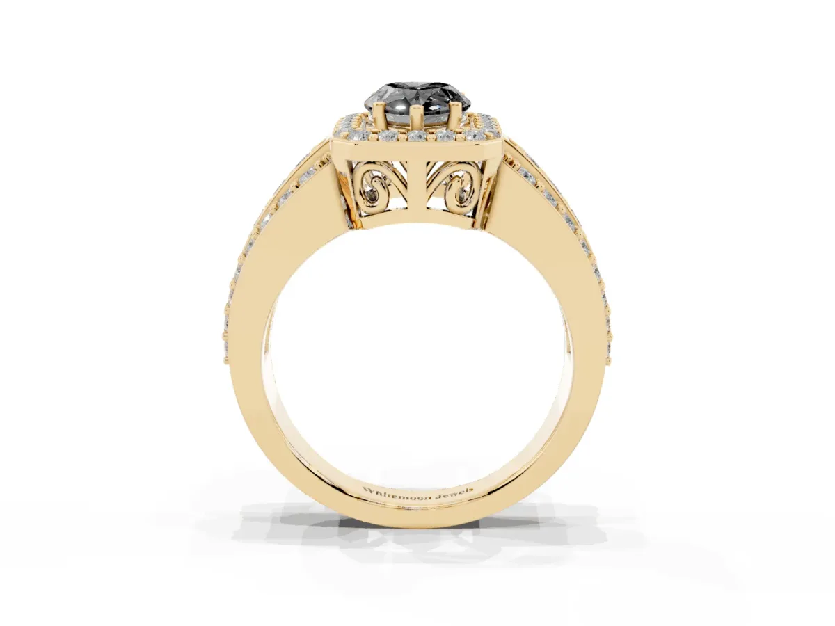 Fancy Black Pear Cut Halo Diamond Ring with Round Split Shank and Prong Setting Yellow gold