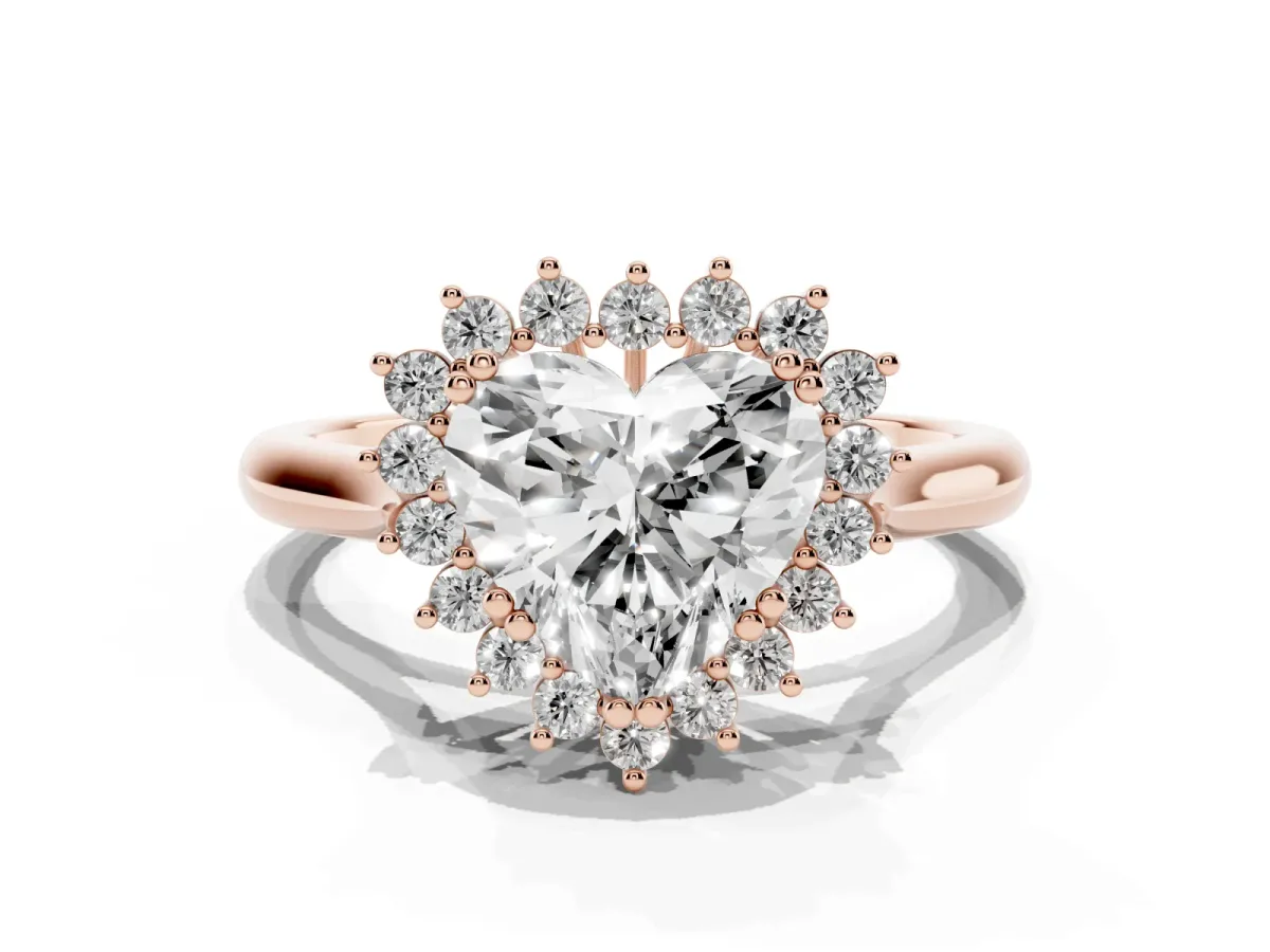 Heart Cut Cut Diamond Halo Ring with Solitaire Band and Prong Setting Rose gold