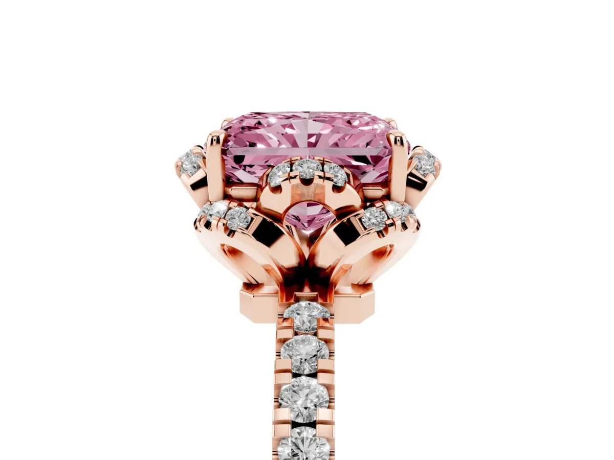 Fancy Pink Radiant Cut Diamond Halo Pave Band with Four-Prong Setting Rose gold