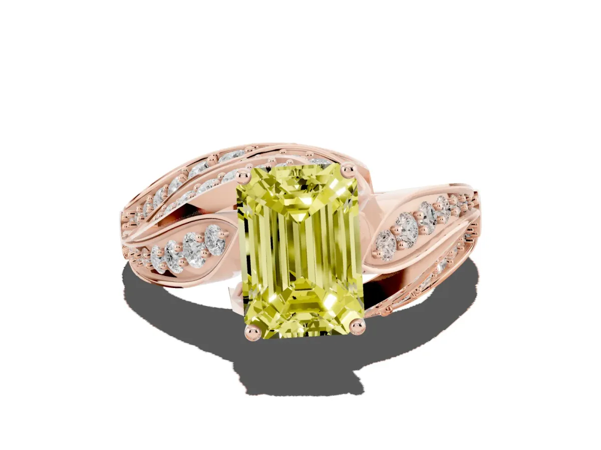 Fancy Yellow Emerald Cut Diamond Solitaire Ring with Prong Setting and Twisted Pavé Band Rose gold