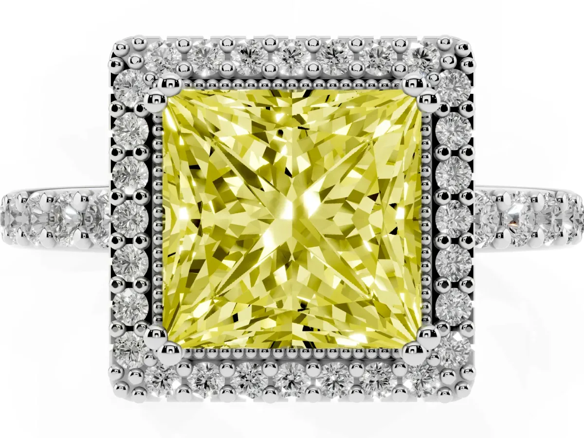 Fancy Yellow Princess Cut Cut Diamond Halo Engagement Ring with Milgrain Detail and Pavé Band Silver