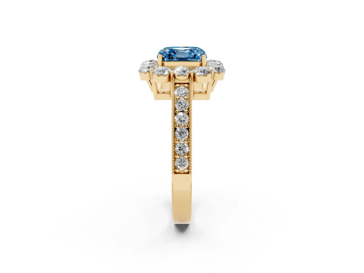 Fancy Blue Asscher Cut Cut Halo Diamond Pavé Engagement Ring with Milgrain Detailing Yellow gold
