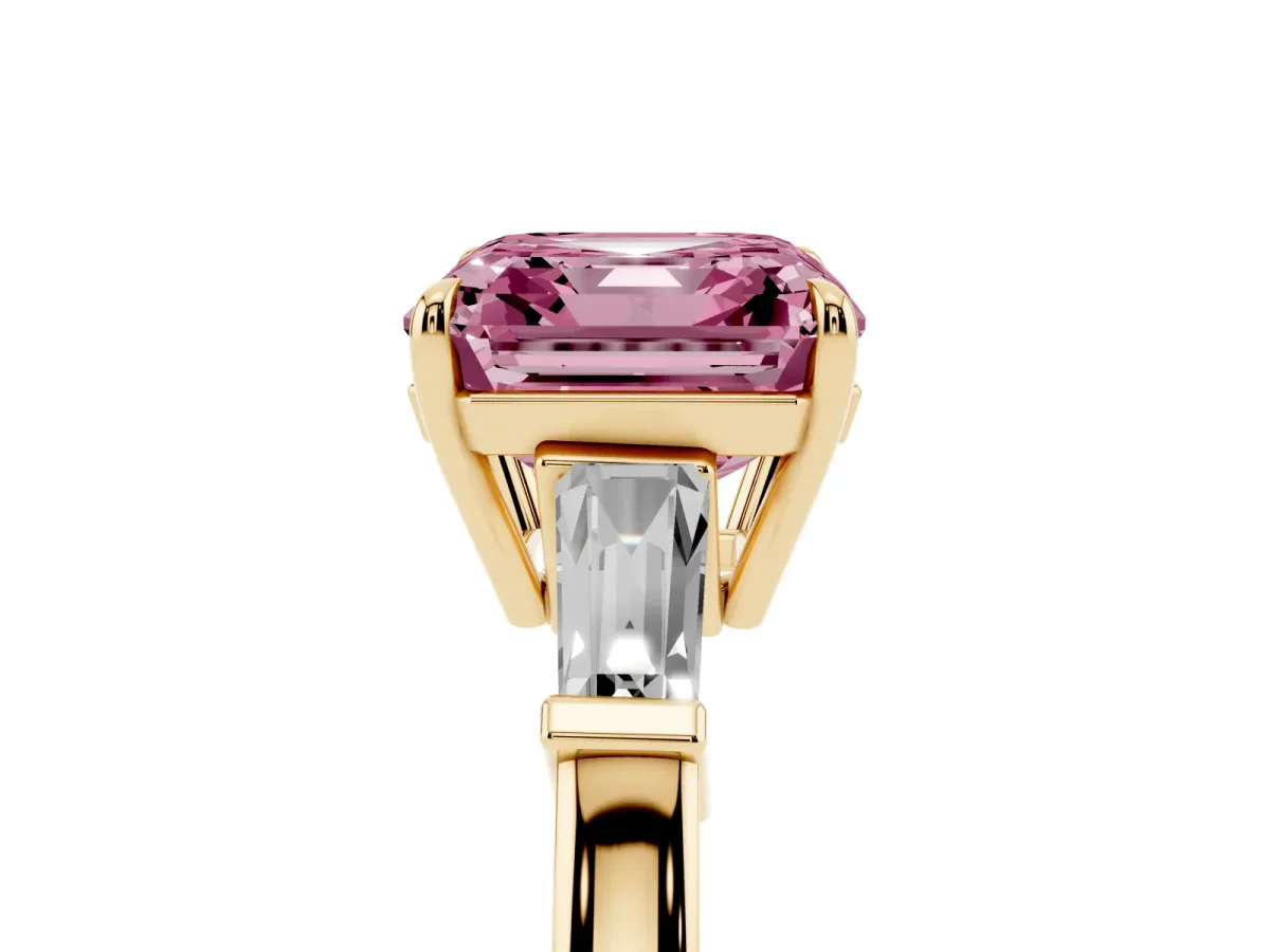 Fancy Pink Asscher Cut Diamond Three-Stone Ring with Tapered Baguette Side Stones and Prong Setting Yellow gold