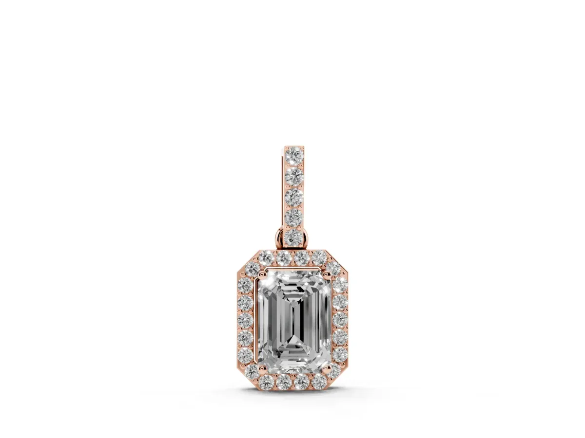 Emerald Cut Halo Diamond Pendant with Prong Setting Rose gold