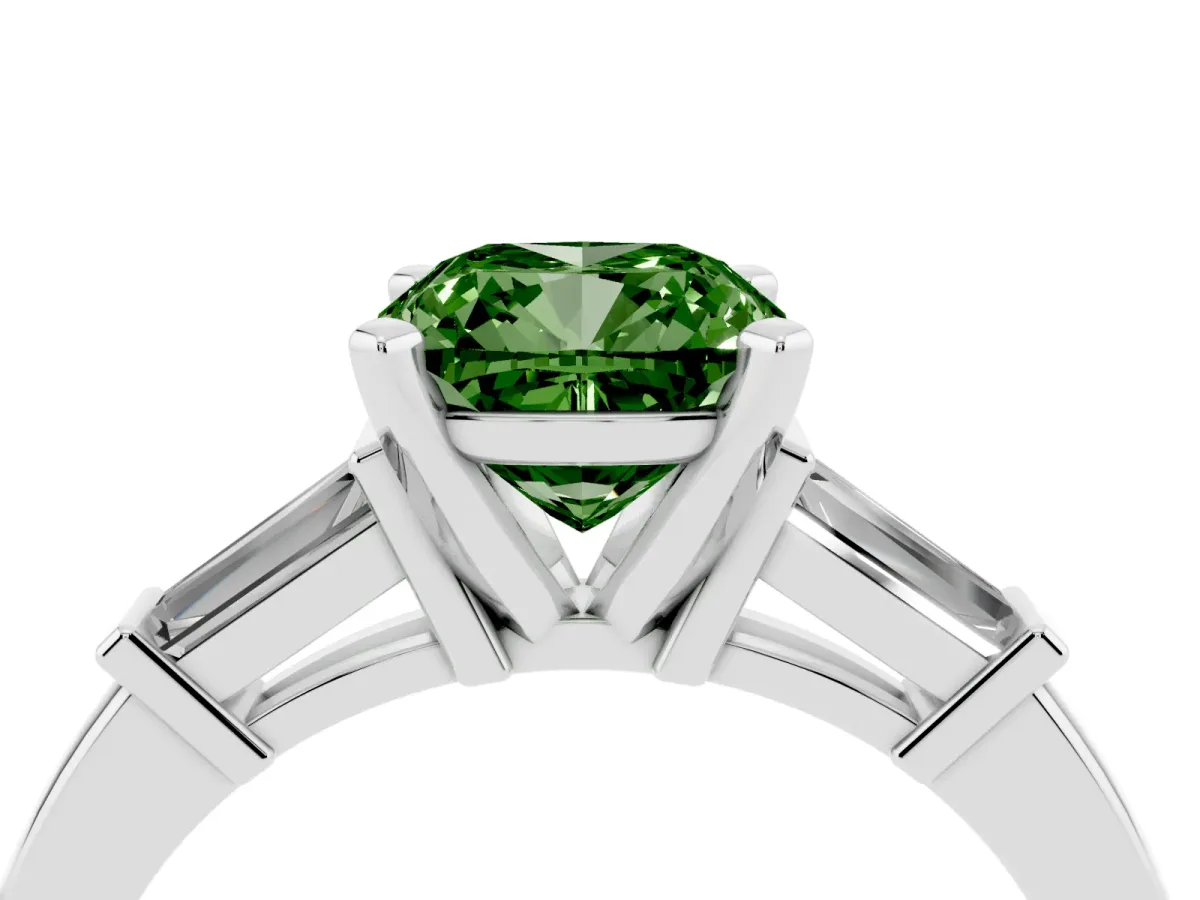 Fancy Green Cushion Cut Cut Diamond Solitaire Ring with Tapered Baguette Accents and Four-Prong Setting Silver