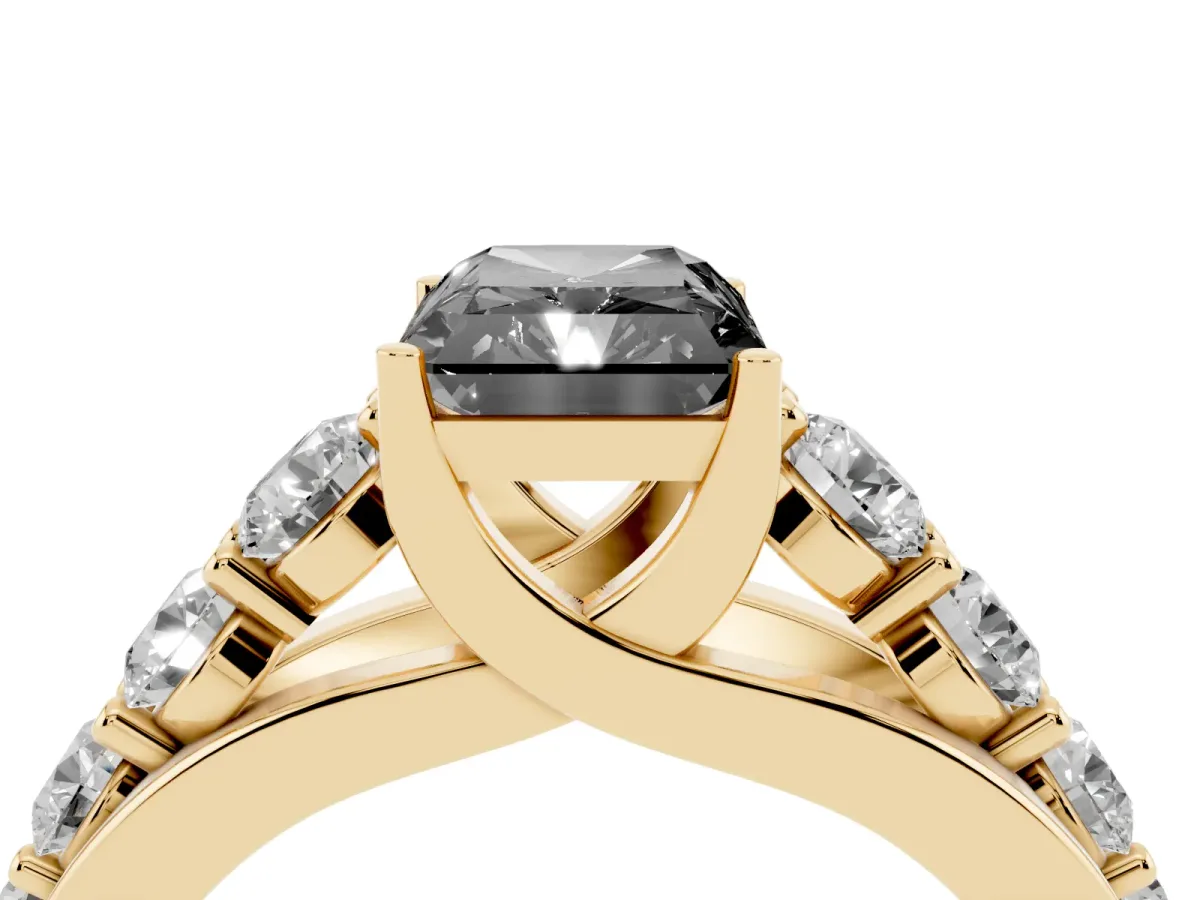 Fancy Black Radiant Cut Diamond Engagement Ring with Pavé Band and Four-Prong Setting Yellow gold