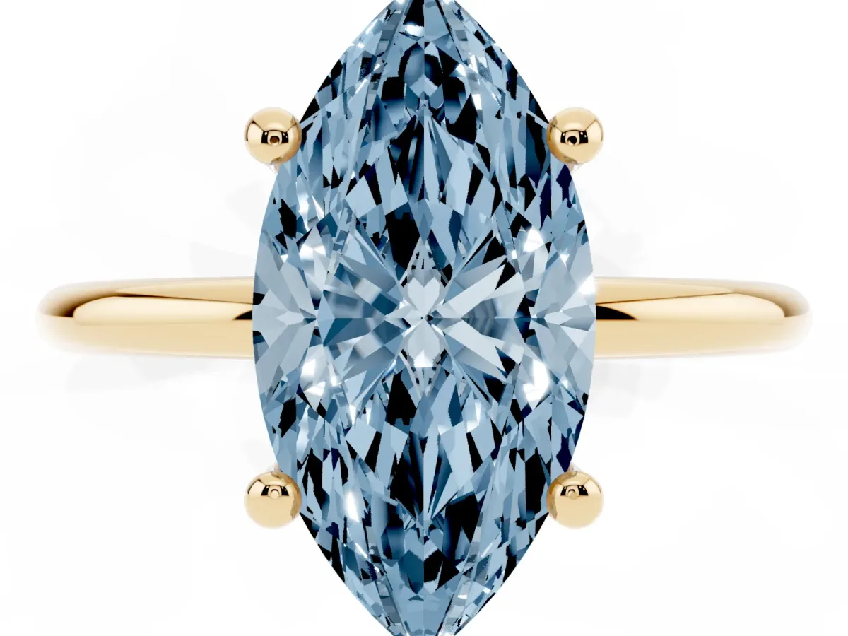 Fancy Blue Marquise Cut Solitaire Diamond Ring with 4-Prong Setting on a Classic Band Yellow gold
