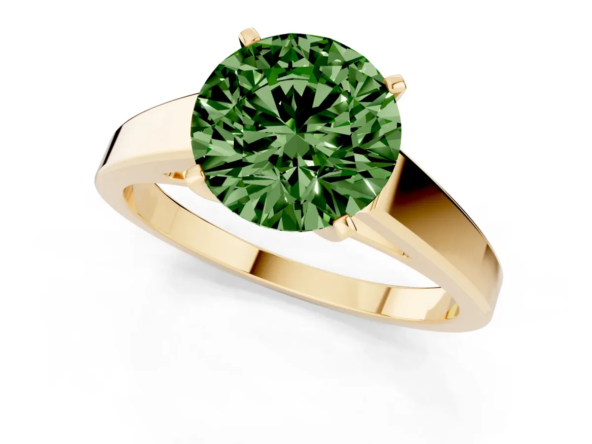 Fancy Green Round Cut Solitaire Engagement Ring with Four-Prong Setting and Tapered Band Yellow gold