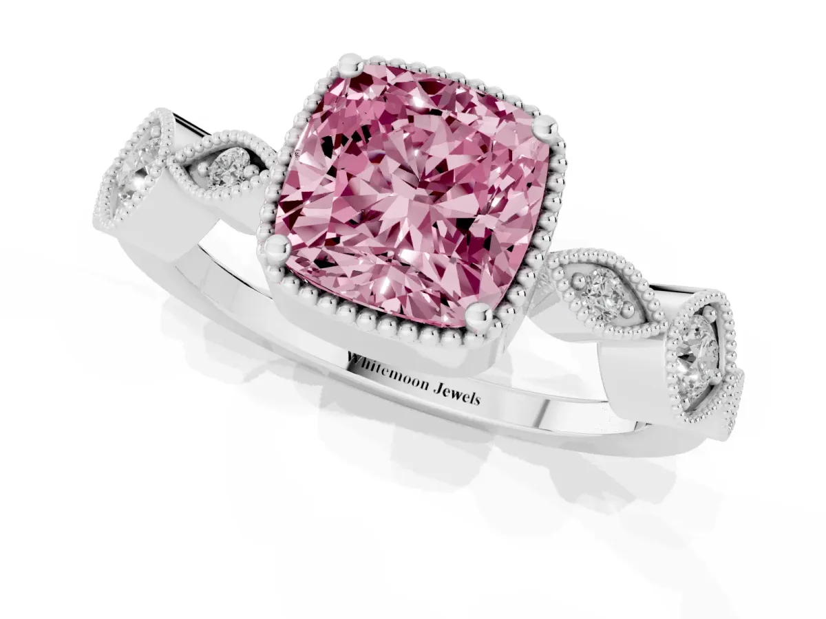 Fancy Pink Cushion Cut Diamond Vintage Milgrain Ring with Round Stations Silver