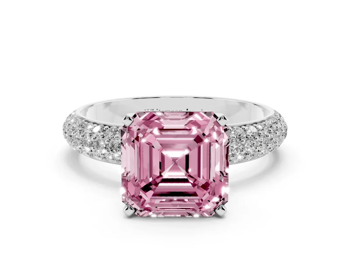 Fancy Pink Asscher Cut Diamond Solitaire Ring with Prong Setting and Pavé Band Silver