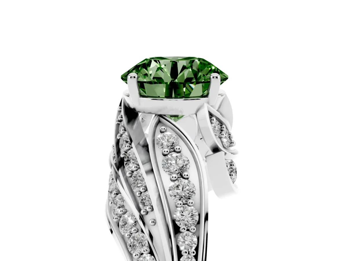 Fancy Green Round Cut Diamond Solitaire Ring with Prong Setting and Twisted Pavé Band Silver