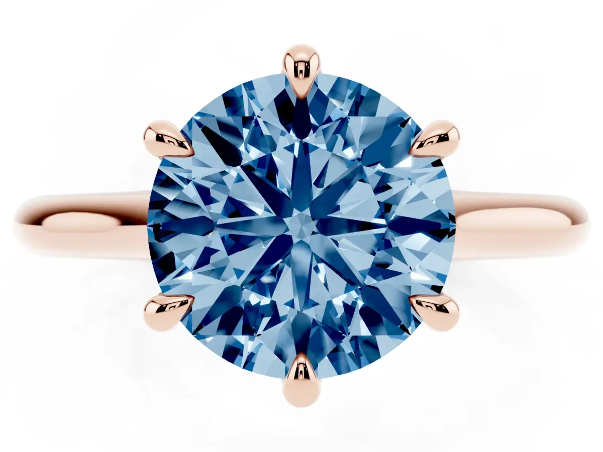 Fancy Blue Round Cut Solitaire Engagement Ring with Six-Prong Setting and Classic Band Rose gold