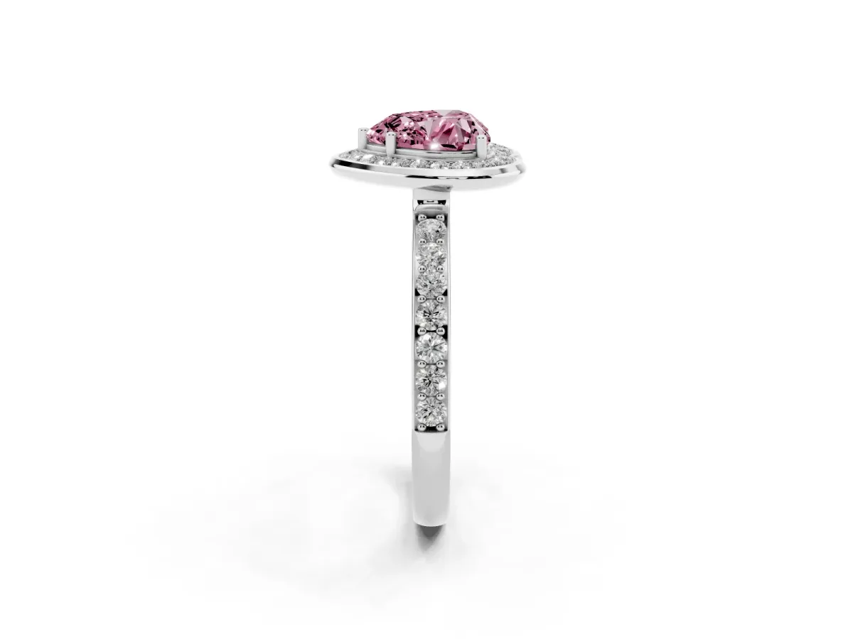 Fancy Pink Heart Cut Diamond Halo Ring with Bezel Frame and Pavé Band Silver