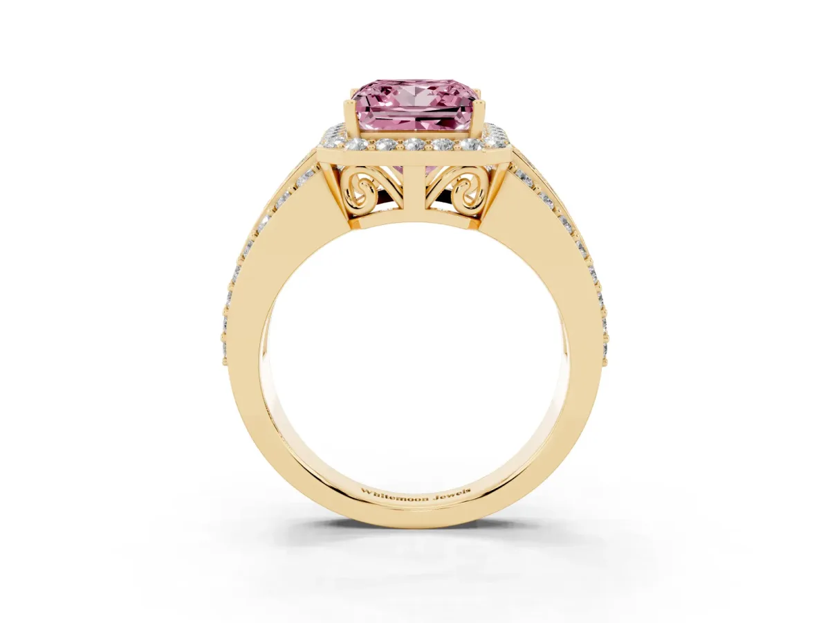Fancy Pink Princess Cut Halo Diamond Ring with Round Split Shank and Prong Setting Yellow gold
