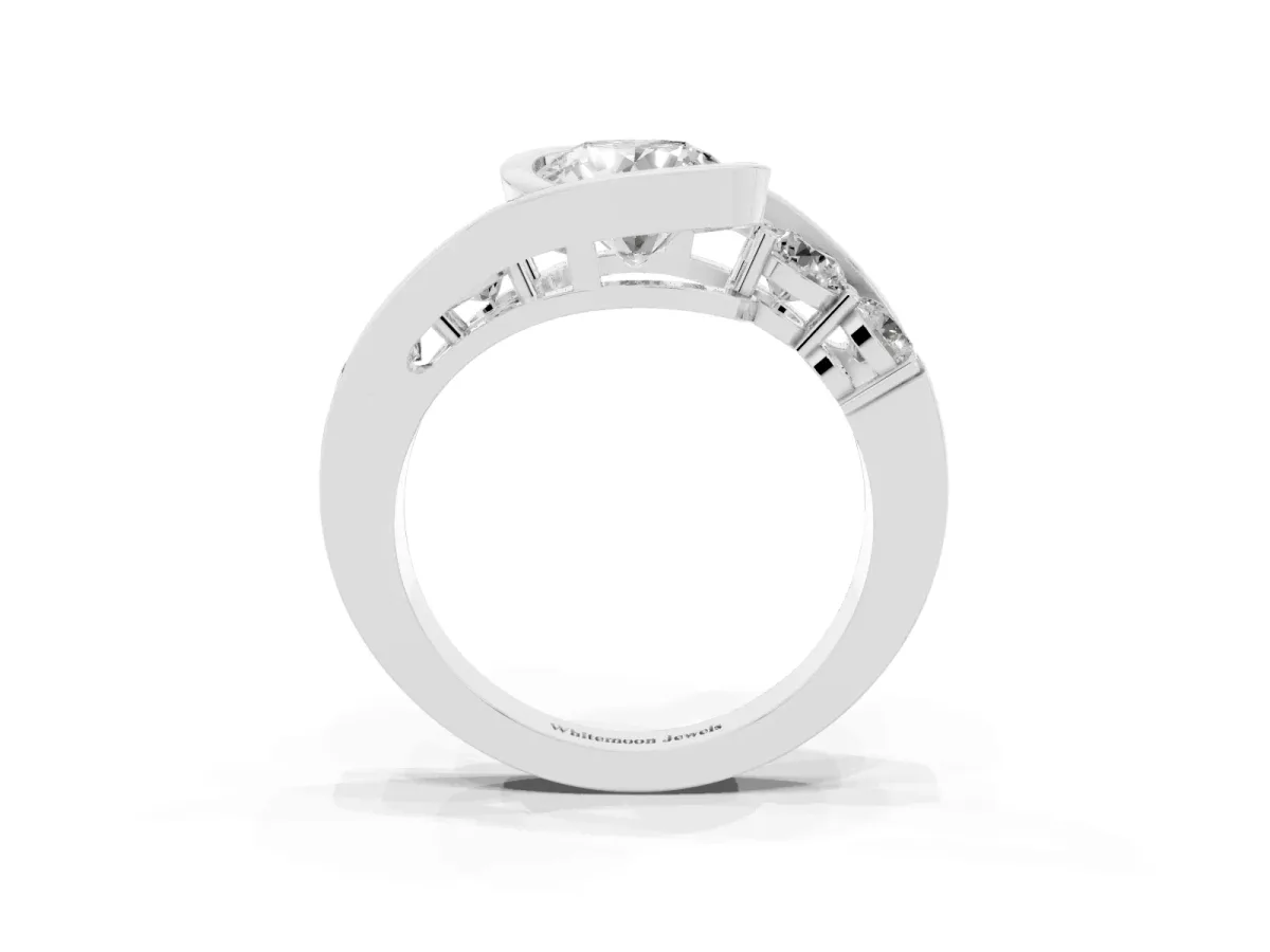 Bezel Set Round Cut Diamond Bypass Ring with Round Accents Platinum