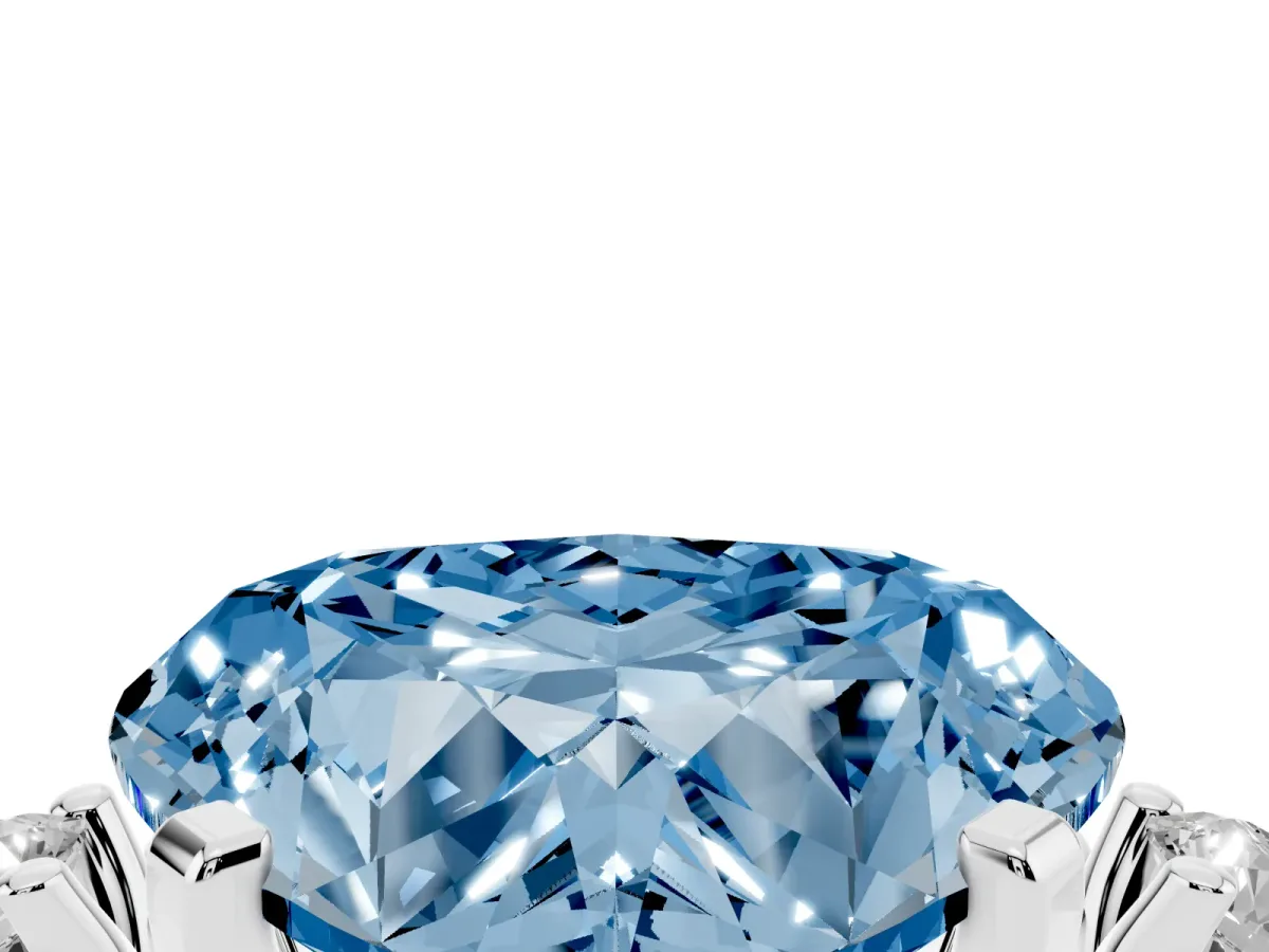 Fancy Blue Heart Cut Cut Three-Stone Solitaire Ring with Round Accent Diamonds and Four-Prong Setting Silver