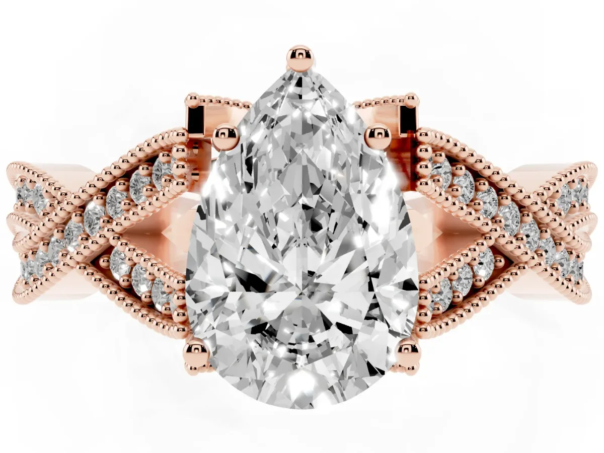Pear Cut Cut Diamond Twisted Band with Milgrain Pave Setting and Four-Prong Setting Rose gold
