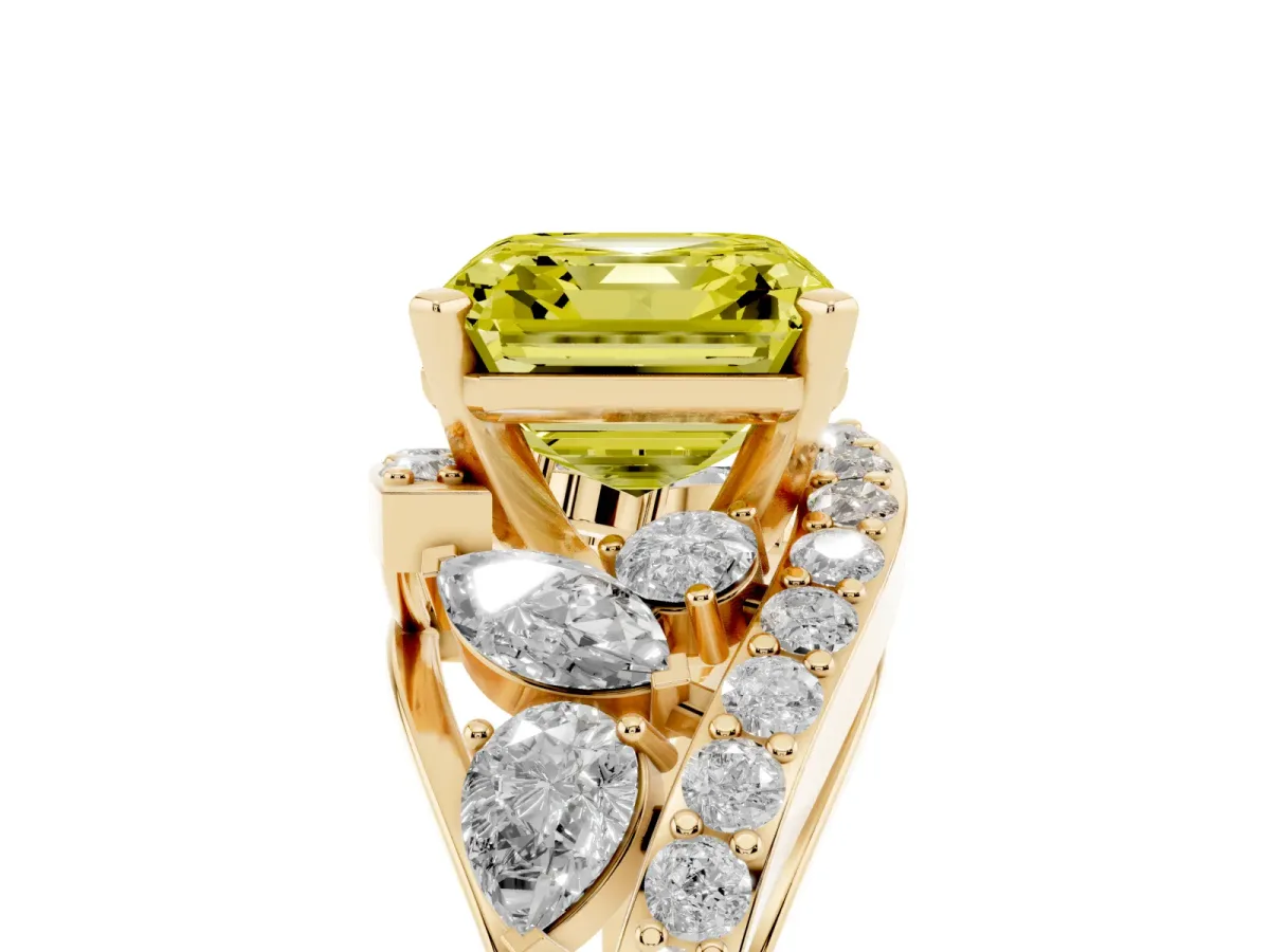 Fancy Yellow Asscher Cut Diamond Halo Ring with Marquise and Pavé Band in Prong Setting Yellow gold