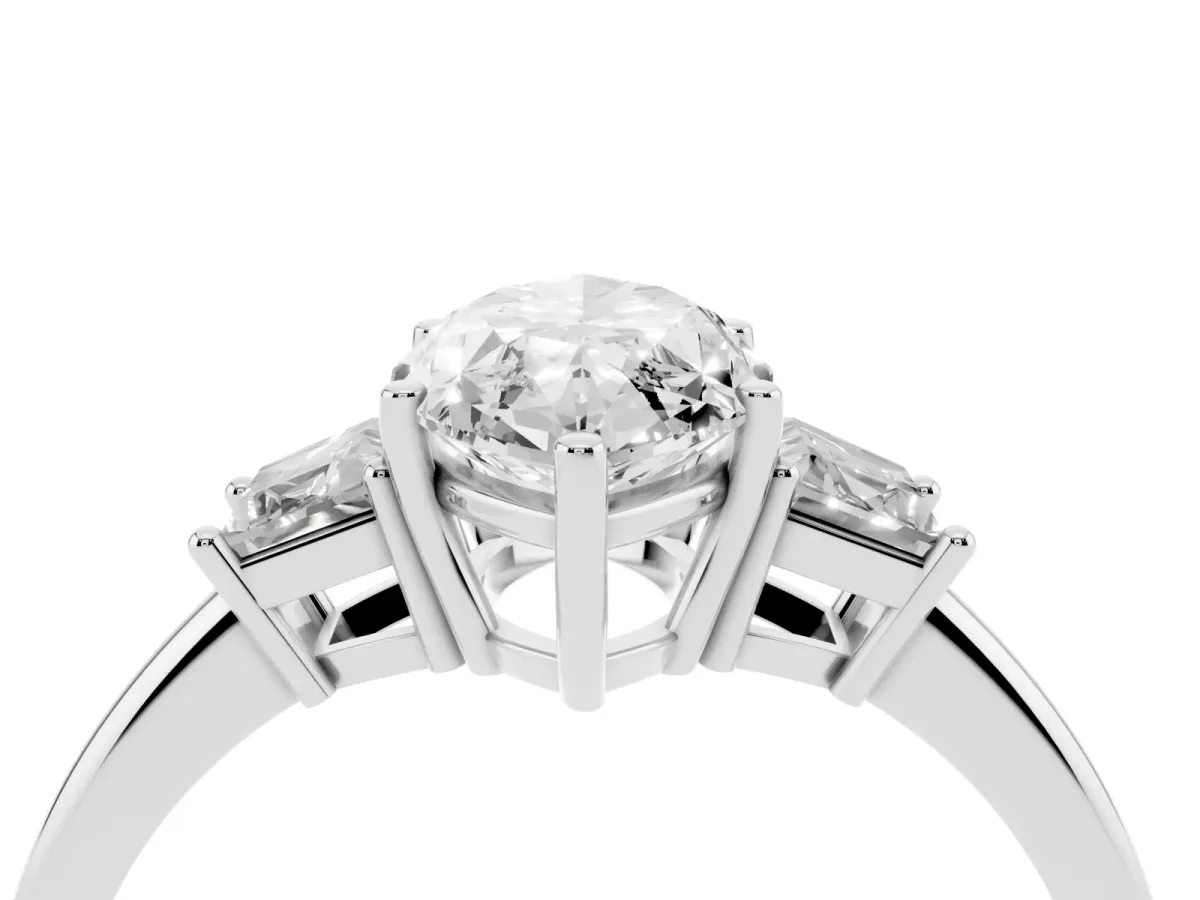 Marquise Cut Diamond Three-Stone Ring with Trapezoid Side Stones and Prong Setting White gold