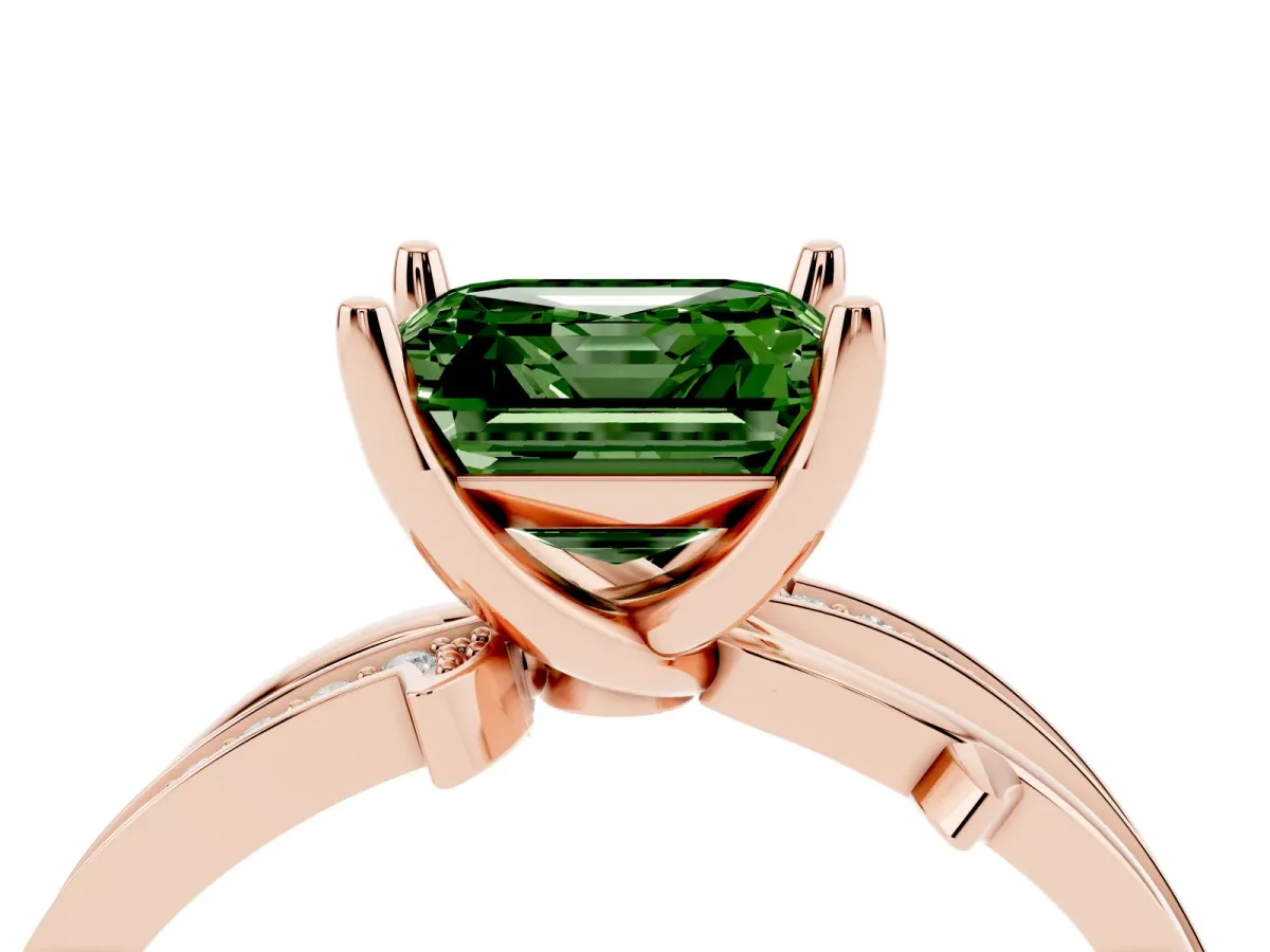 Fancy Green Asscher Cut Solitaire Twist Band with Pavé Accents and Four-Prong Setting Rose gold