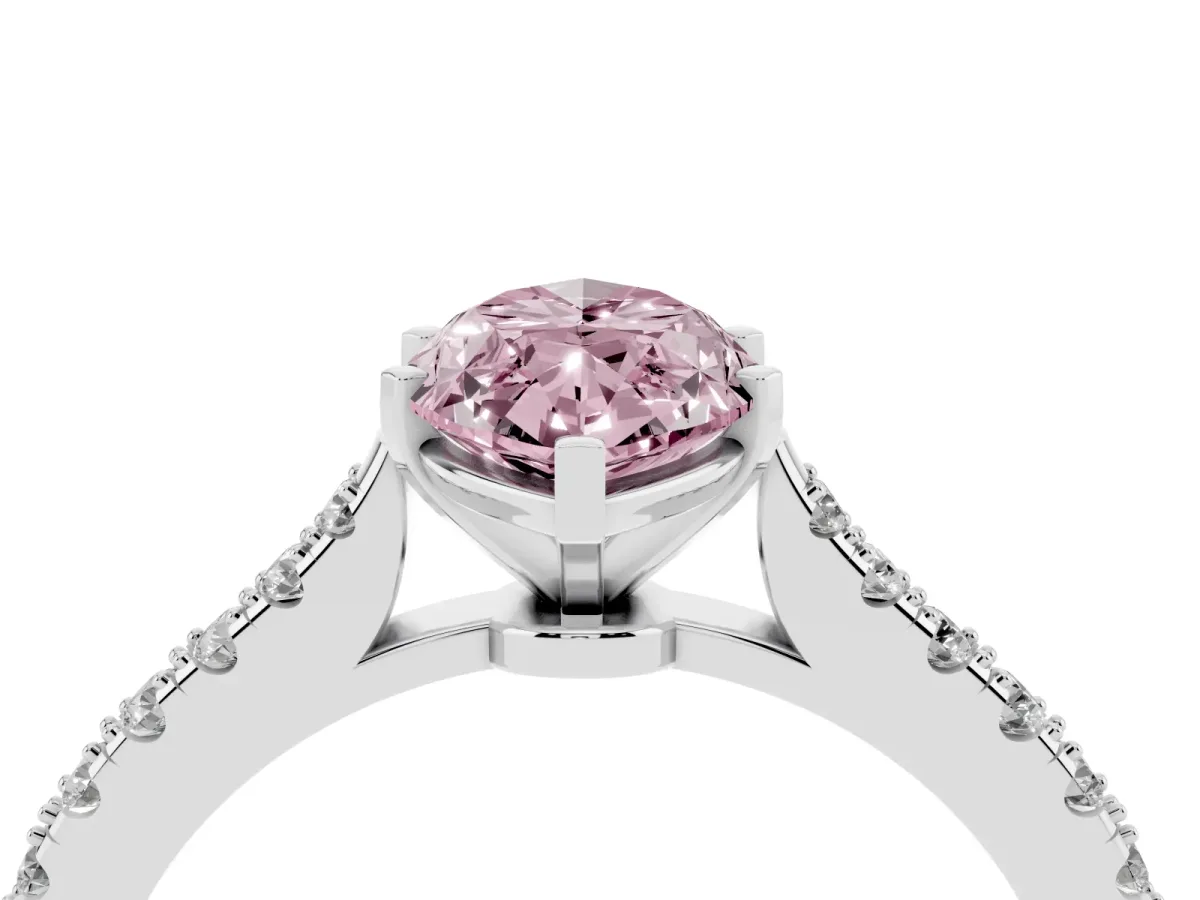 Fancy Pink Marquise Cut Cut Solitaire Diamond Engagement Ring with Pave Band and Four-Prong Setting Platinum