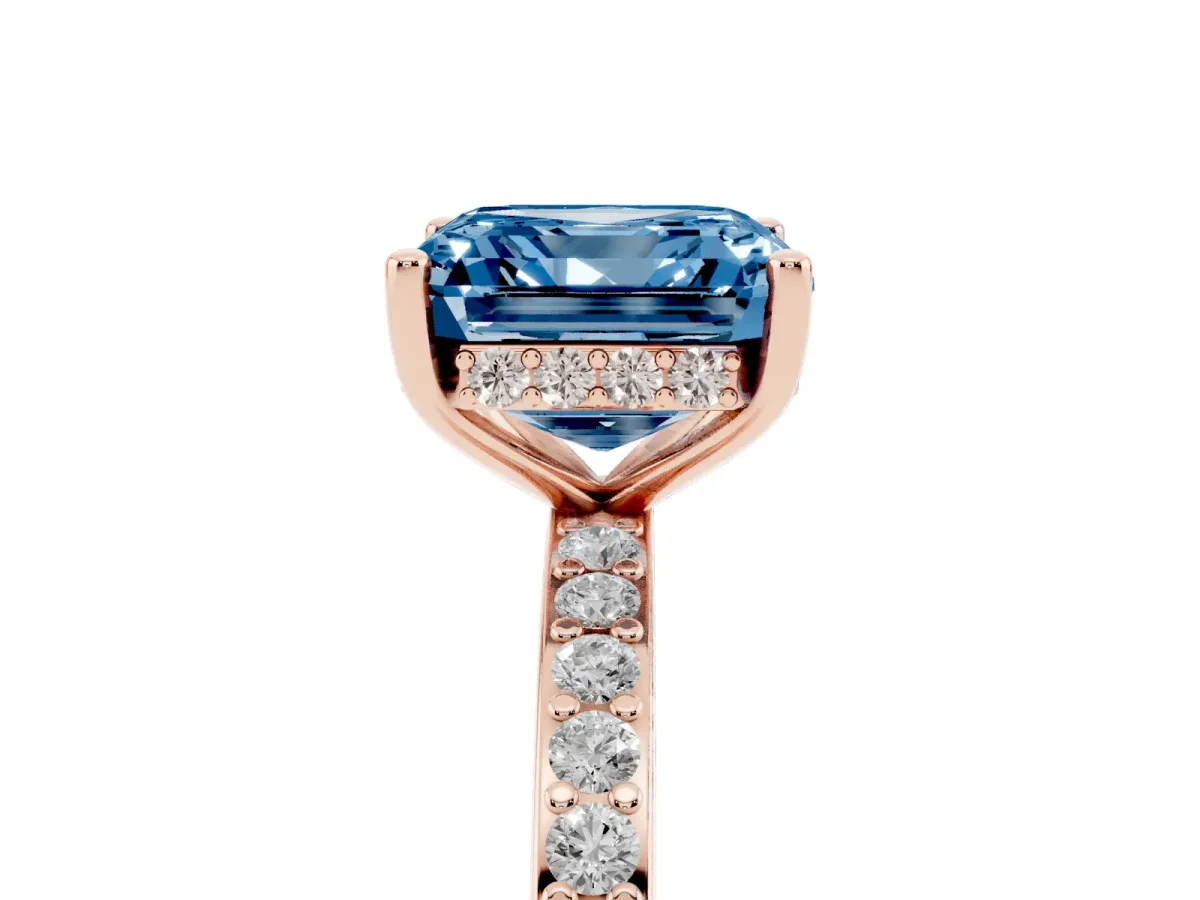 Fancy Blue Asscher Cut Cut Diamond Pavé Band Ring with Four-Prong Setting Rose gold