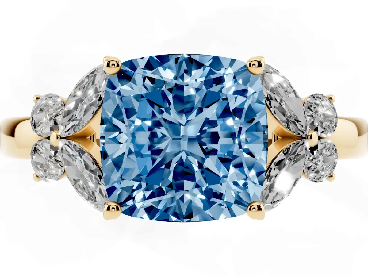 Fancy Blue Cushion Cut Cut Solitaire Floral Diamond Ring with Four-Prong Setting Yellow gold