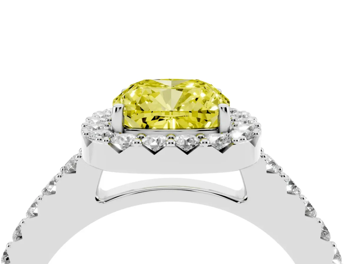 Fancy Yellow Cushion Cut Halo Diamond Pavé Solitaire Ring Platinum