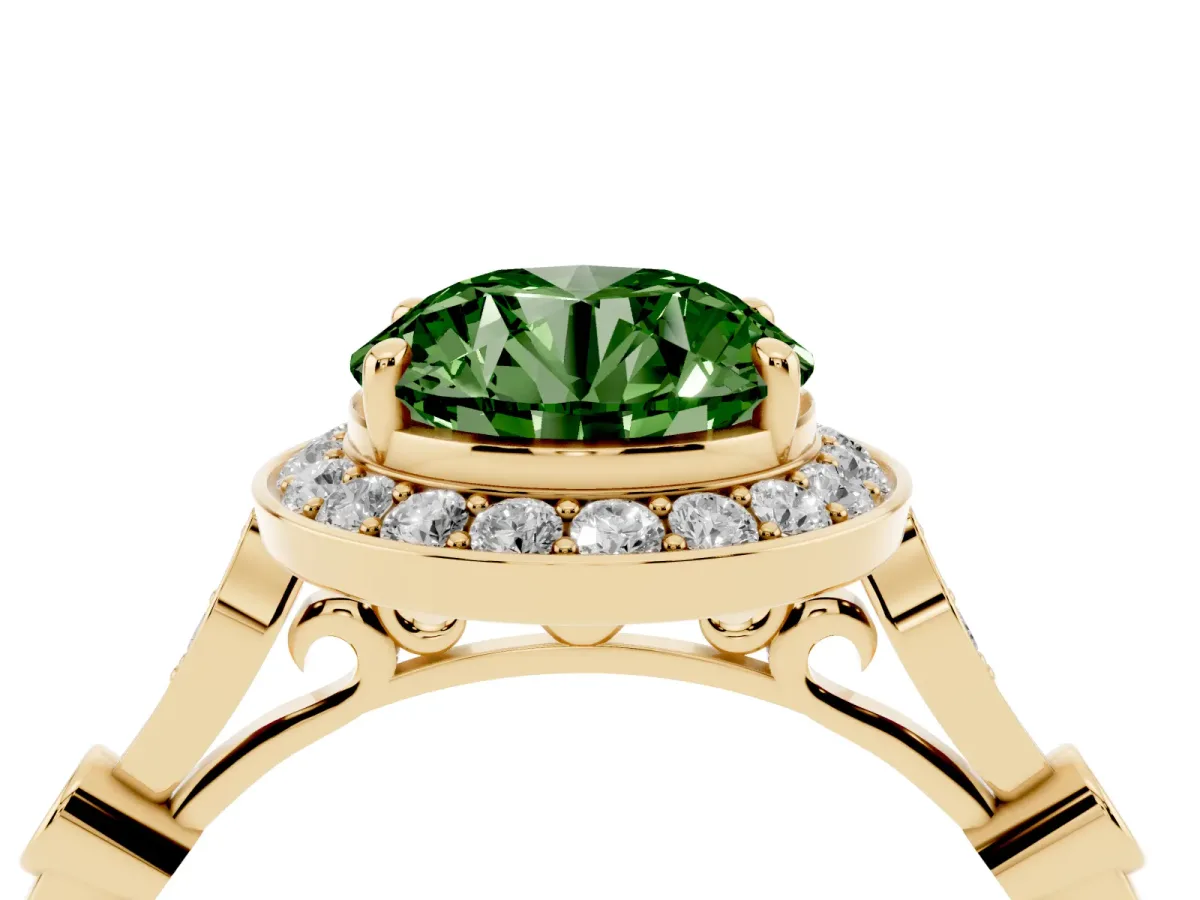 Fancy Green Round Cut Halo Diamond Engagement Ring with Twisted Band and Four-Prong Setting Yellow gold