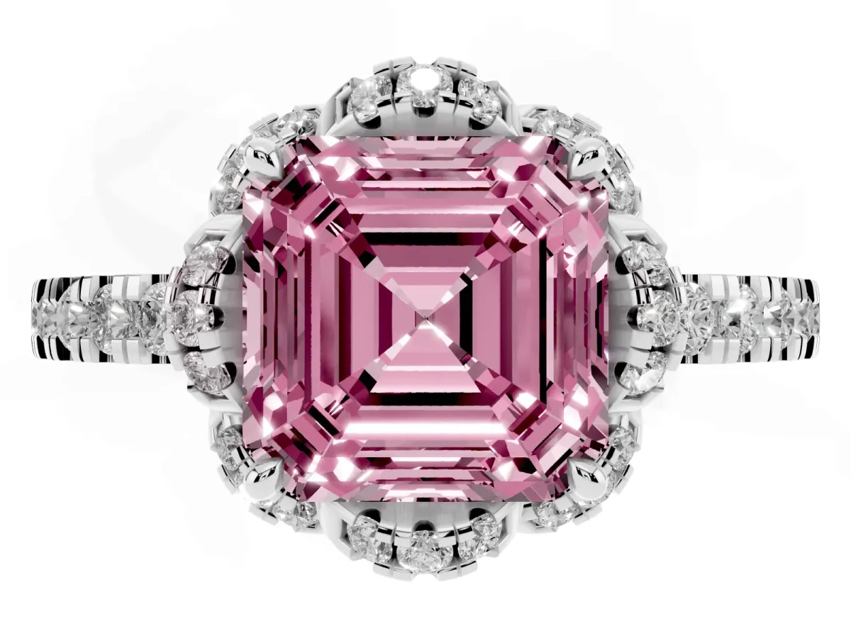Fancy Pink Asscher Cut Diamond Halo Pave Band with Four-Prong Setting White gold