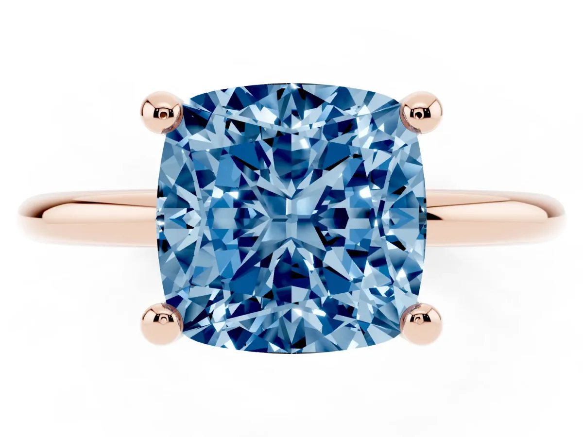 Fancy Blue Cushion Cut Solitaire Diamond Ring with 4-Prong Setting on a Classic Band Rose gold